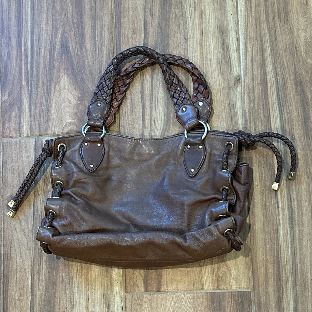 Michael Kors Woodside Satchel Leather Tote Bag Large Brown Gold Hardware
